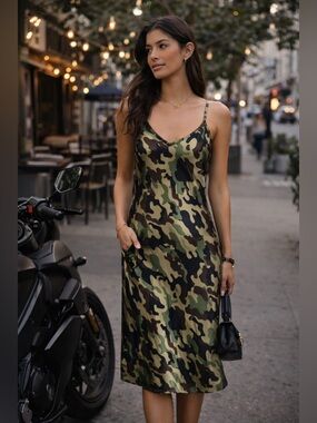 Nili Lotan Silk Camouflage Slip Midi Dress Camo Print XS Designer